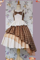 Robe Lolita Vintage Classique Asymétrique en Dentelle avec Nœud Papillon Imprimé à Trois Couches Multicolores - 5 Couleurs